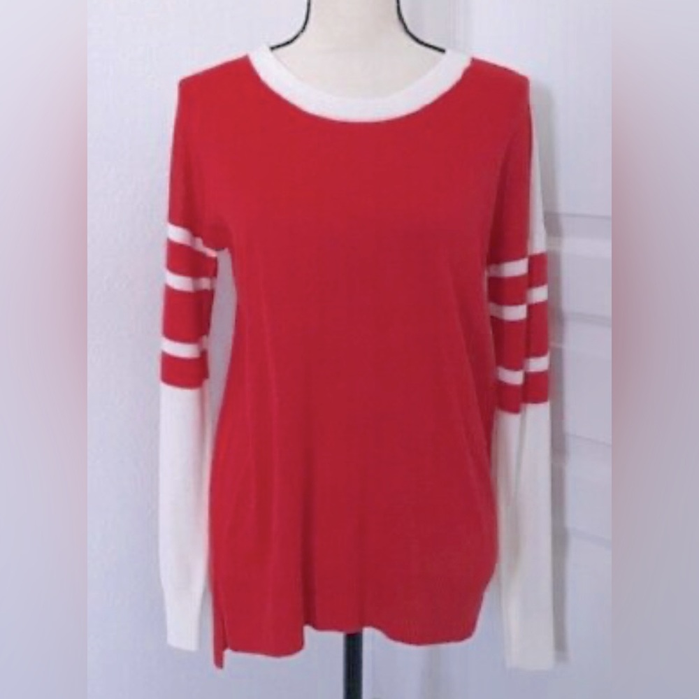 Hippie Rose Red White Long Sleeve Boat Neck Pullover Top Medium